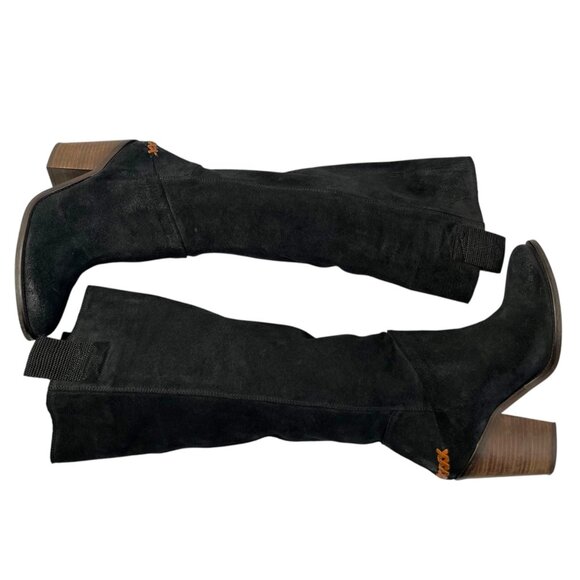 Free People Black Suede Leather Knee-High Montgomery Slouchy Stacked Heel Boots